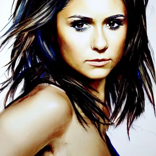 Prompt: nina dobrev, head and shoulders portrait, extremely detailed masterpiece, one single continues line.