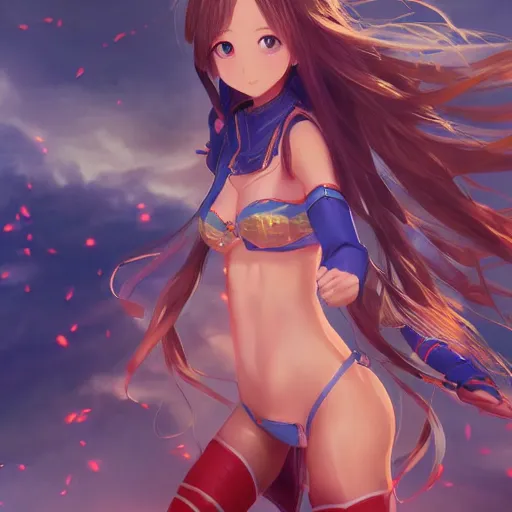 Prompt: seen from above : a giant macro very beautiful young yuuki asuna, full body, long wavy hair, sky blue eyes, full round face, bikini, miniskirt, standing in the middle of a miniature crowd, cinematic wallpaper by stanley artgerm lau