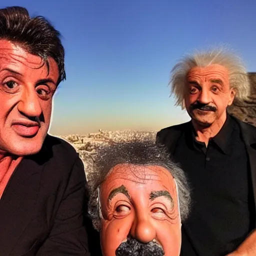Prompt: photo realistic, selfie of sylvester stallone and albert einstein in front on the kotel at sunset