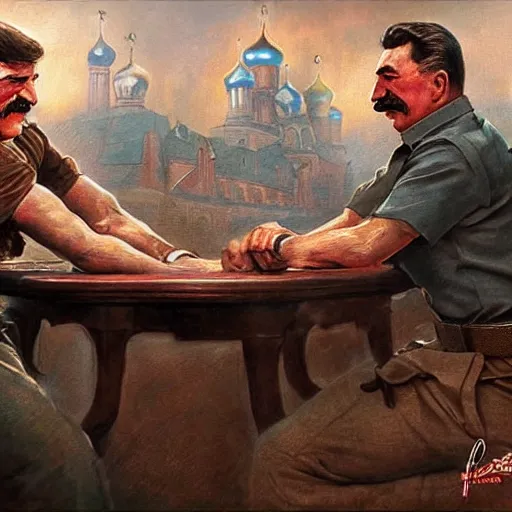 Prompt: picture of ( ( arm wrestling between young vladimit putin and old iosif stalin ) ) in apocalyptic russia, hyperrealistic, digital concept art,, caricature illustration, art by gaston bussiere