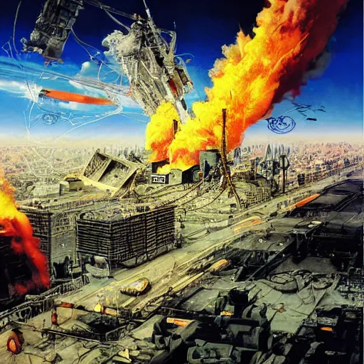 Image similar to aerial view of the full - metal irisdiscent hindenburg disaster, santiago of chile, pixeled fire from a fragmented neon - wired reality, matte painting by yoji shinkawa, esao andrews, yoshitaka amano and ryuichi sakamoto