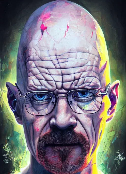 Image similar to a Demon Slayer portrait of Walter White, tall, pale-skinned, crystal blue eyes, chromatic aberration, by Stanley Artgerm, Tom Bagshaw, Arthur Adams, Carne Griffiths, trending on Deviant Art, street art, face enhance, chillwave, maximalist, full of color, glittering