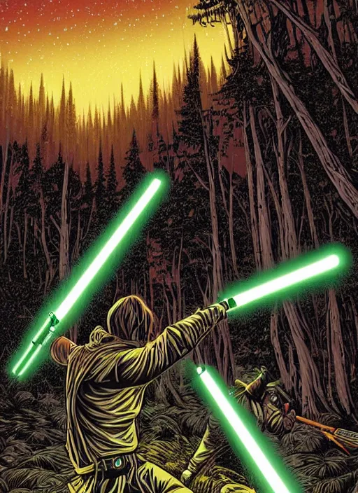 Image similar to lightsaber duel in a forest at night by Dan Mumford