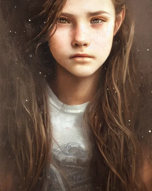 Image similar to portrait of 1 5 - year - old girl with thick brown hair, large front teeth, and bright piercing brown eyes, hyper realistic face, beautiful eyes, fantasy art, in the style of greg rutkowski, intricate, hyper detailed, smooth