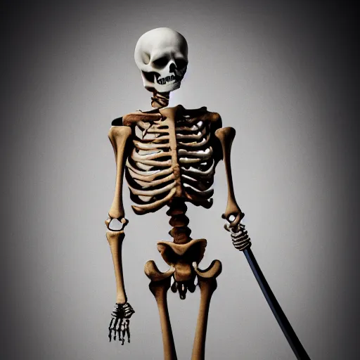 Prompt: photorealistic skeleton with a sword, Canon EOS R3, f/1.4, ISO 200, 1/160s, 8K, RAW, unedited, symmetrical balance, in-frame