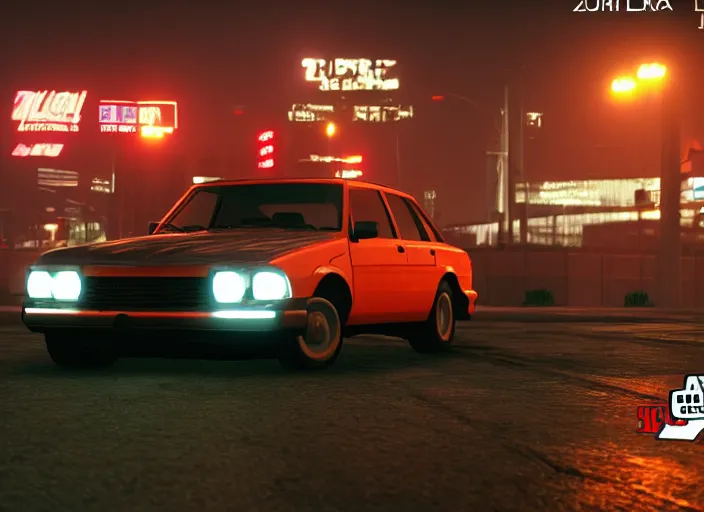 Image similar to gta game in moscow, 1 9 9 0, playstation 5 screenshot, mega details, dark night, orange lights, heavy rain, fog, beautiful rtx reflections, soviet suburbs, photorealistic, unreal engine 5, octane render, volumetric light, cg society, 4 k, 5 0 mm bokeh, russian lada car, artstation