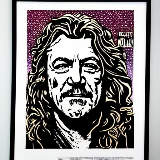 Prompt: robert plant poster by shepard fairey