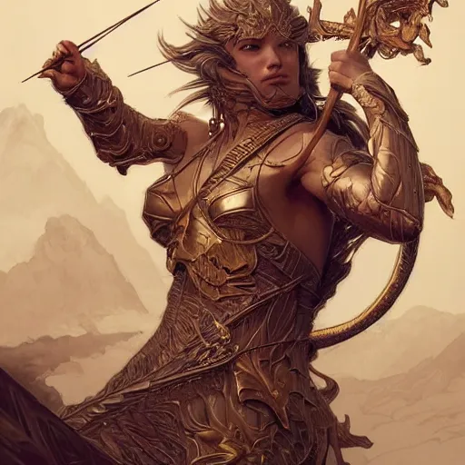 Prompt: a golden dragon holding a bow and arrow, mountains, D&D, fantasy, intricate, elegant, highly detailed, digital painting, artstation, concept art, smooth, sharp focus, illustration, art by artgerm and greg rutkowski and alphonse mucha