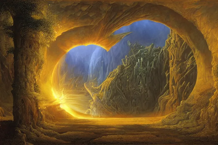 Prompt: The Portal Beyond the Mortal Realm. 3D matte painting by Johfra Bosschart, bright volumetric sunlight