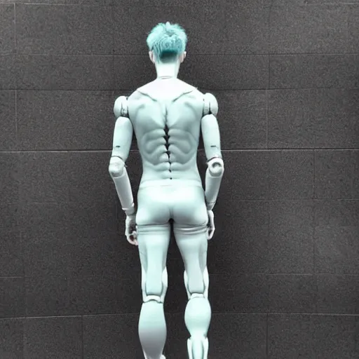 Image similar to “a realistic detailed photo of a guy who is an attractive humanoid who is half robot and half humanoid, who is a male android, twitch streamer Ninja Tyler Blevins, shiny skin, posing like a statue, blank stare”