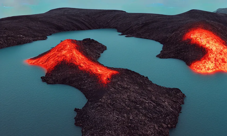 Prompt: An island that is half volcanic landscape and half glacial landscape., 8k, cinematic, octane render, intricate