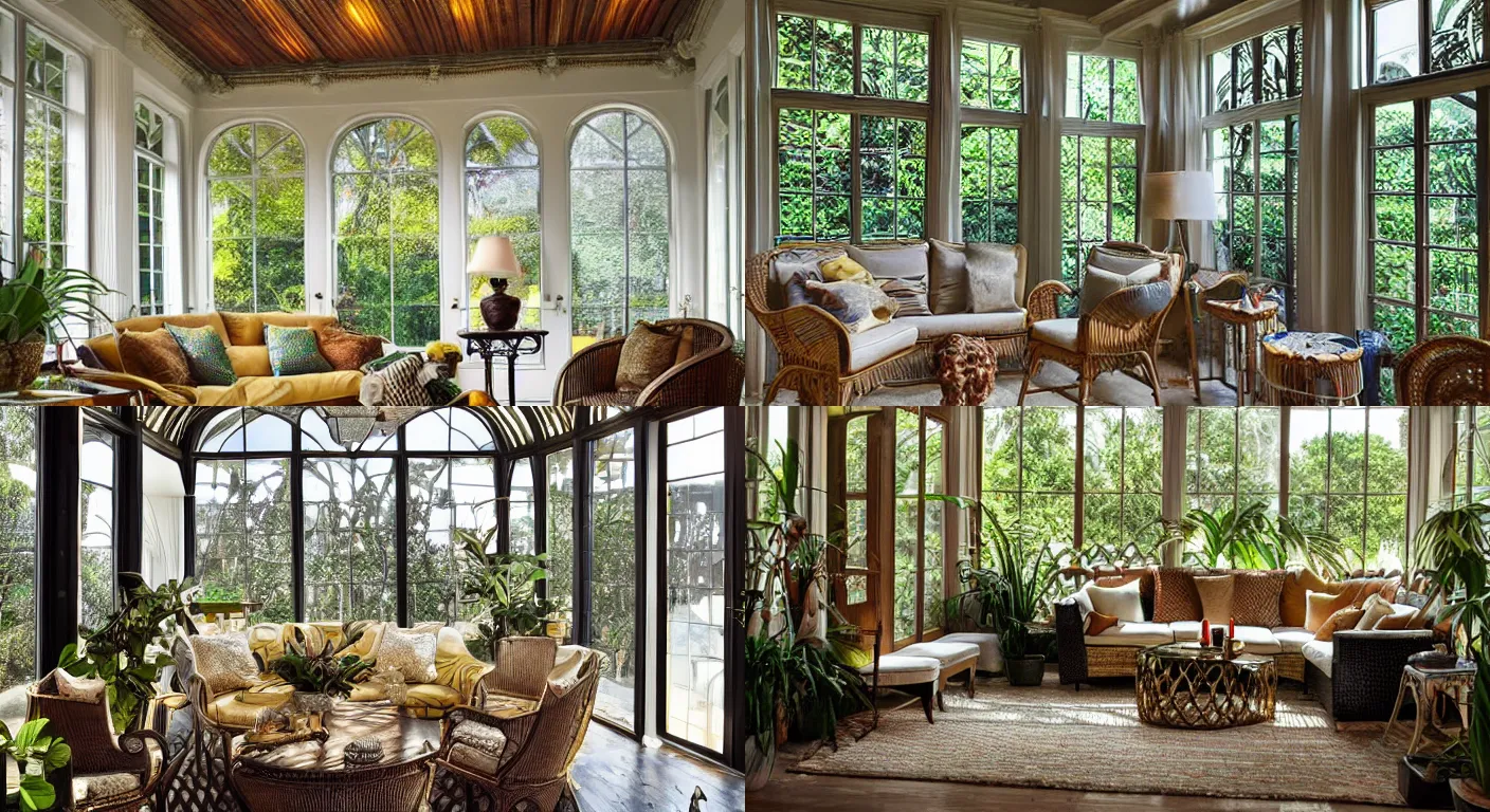 Prompt: Sunroom-with-wicker-furniture, breathtaking-interior-design, golden-hour, exotic, opulent, interior-lighting, stunning-design, dynamic cinematic lighting, interior design with soft lighting, extremely detailed, hyperrealism, 4k, dramatic, cinematic, architectural visualization with a lot of detail, volumetric lighting, 8k, unreal engine
