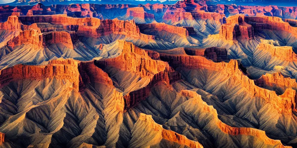 Image similar to drone shot photo of a landscape with mountains and grand canyons, wallpaper, very very wide shot, warm, national geographic, award landscape photography, professional landscape photography, sunny, day time, beautiful