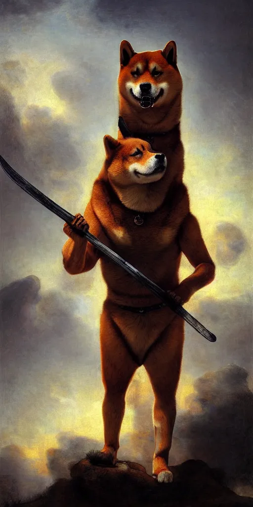 Prompt: muscular oversized shiba inu with weapon and anthropomorphic human oversized mutant proportions and very hairy body , backlight body , extreme very textured detailed intricate painting by rembrandt, sunset, dramatic clouds cyan atmosphere