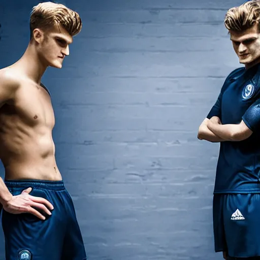 Image similar to a realistic detailed photo of a guy who is an attractive humanoid who is half robot and half humanoid, who is a male android, soccer players martin ødegaard & timo werner, shiny skin, posing like a statue, blank stare, in a factory, on display, showing off his muscles, gold soccer shorts, side view, looking at each other mindlessly