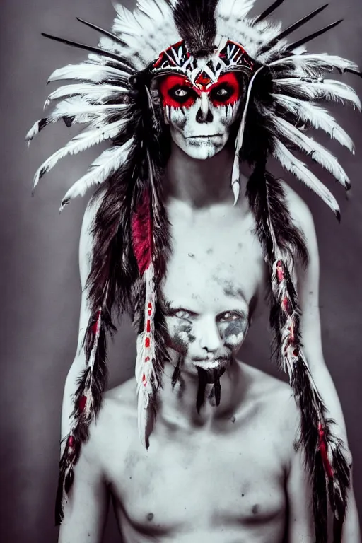 Image similar to the ghost - spirit of the grim - warpaint wears the scarlet skull armor and native blood headdress feathers, midnight fog - mist!, cinematic lighting, various refining methods, micro macro autofocus, ultra definition, award winning photo