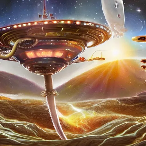 Image similar to a galactic enterprise of aliens boarding a ship of ranch and cheese while roping each other in on an adventure of ecstasy, 4 k, excellent detail, high detail, high quality, digital art, fueled by caffeine