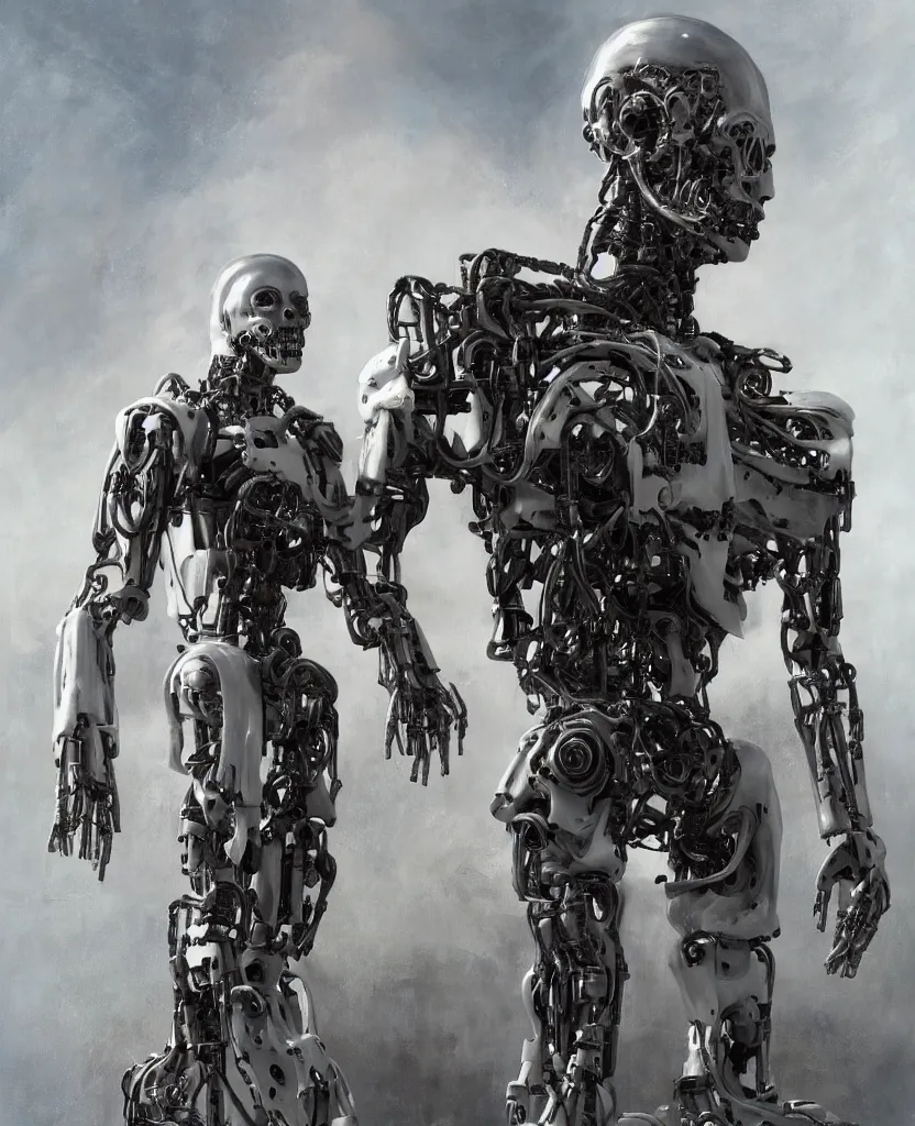 Image similar to hyperrealistic mixed media painting of a humanoid terminator in off-white, stunning 3d render + perfect body symmetry + dim volumetric lighting, 8k octane beautifully detailed render, post-processing, extremely hyperdetailed, intricate futuristic mechanic parts, epic composition, grim yet sparkling atmosphere, cinematic lighting + masterpiece, trending on artstation