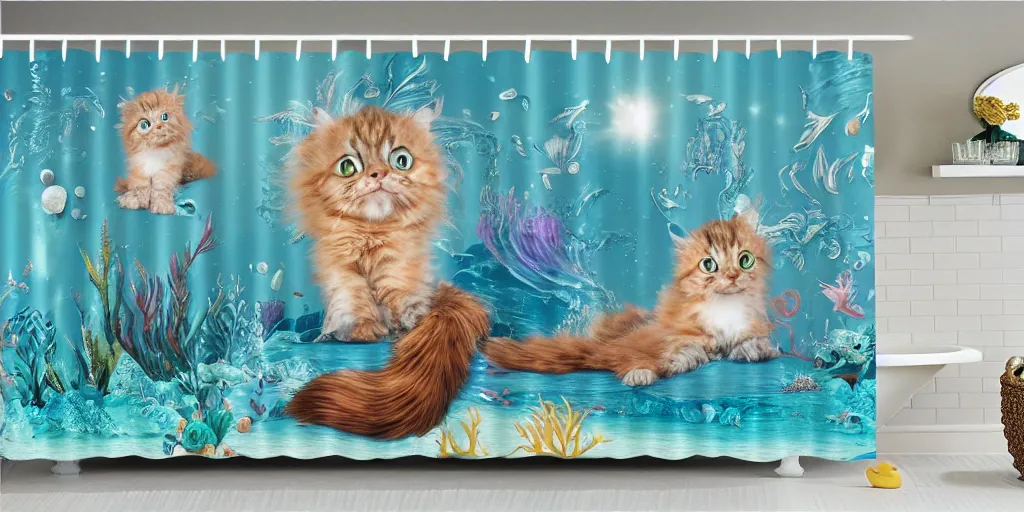 Image similar to a main coon kitten little mermaid themed shower curtain, product photography. digital art. 4 k, highly detailed.