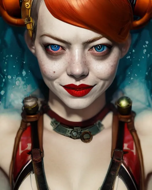 Prompt: underwater steampunk portrait of emma stone as harley quinn, au naturel, hyper detailed, digital art, trending in artstation, cinematic lighting, studio quality, smooth render, unreal engine 5 rendered, octane rendered, art style by klimt and nixeu and ian sprigger and wlop and krenz cushart.