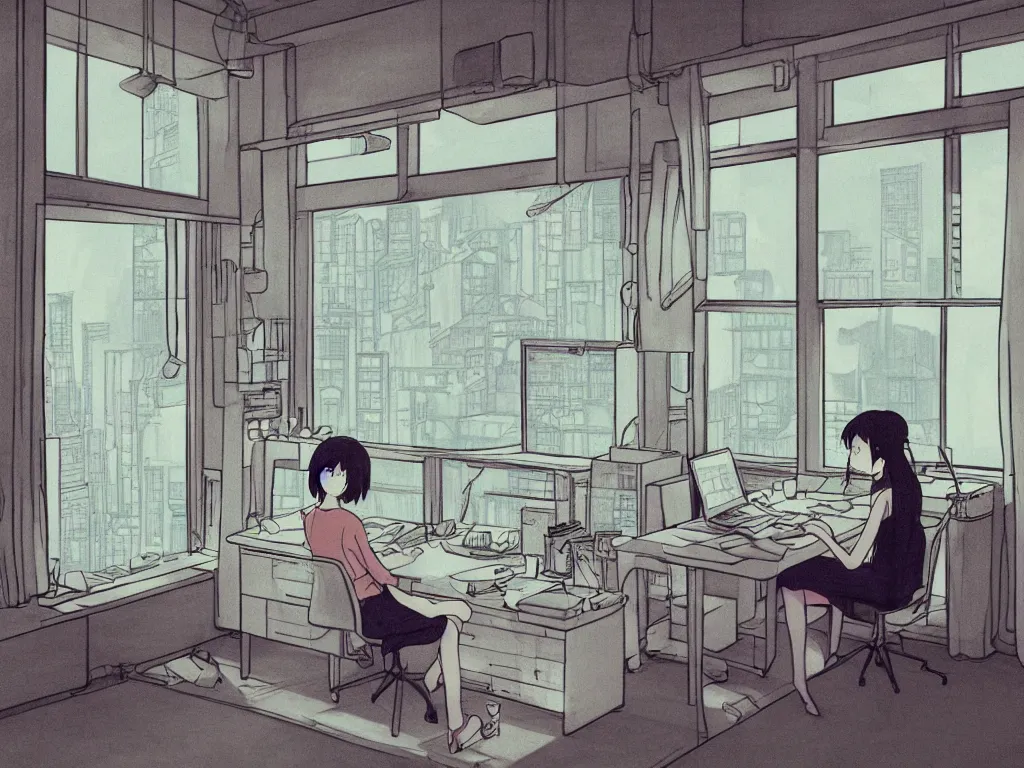 Image similar to beautiful drawing of a lonely female in her studio apartment sitting at her computer desk which is in front of a window which looks out to a futuristic city at night, japan, anime manga style, illustration, in the style of ghibli and hayao miyazaki and satoshi kon and shinichiro watanabe and makoto shinkai