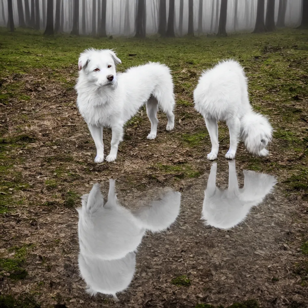 Prompt: white siberian laika dog, with reflection in the puddle, foggy old forest, very detailed, 4 k, professional photography