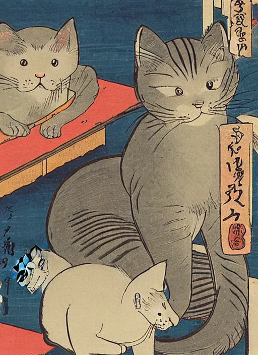 Image similar to a cat with 2 baby cats of utagawa hiroshige