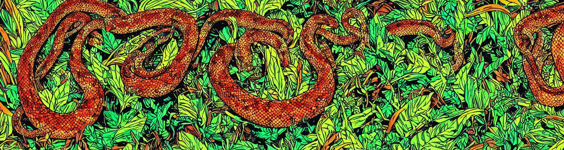 Prompt: a snake in the jungle seen through the psychedelics effects from ayahuasca