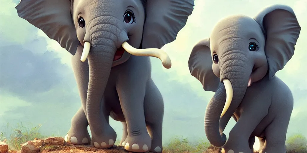 Image similar to a wholesome cute baby elephant, medium shot, waist up, studio ghibli, pixar and disney animation, sharp, anime key art by greg rutkowski, by craig mullins, bloom, dramatic lighting