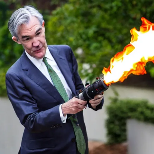 Prompt: photo of Jerome Powell using a flamethrower