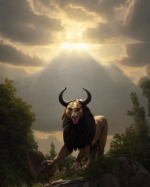 Image similar to human / eagle / lion / ox hybrid with two horns, one beak, mane and human body. beautiful dynamic lighting, cinematic, wide angle establishing shot, extremely high detail, photo realistic, cinematic lighting, post processed, concept art, artstation, matte painting, style by frederic church, raphael lacoste, unreal engine 8 k