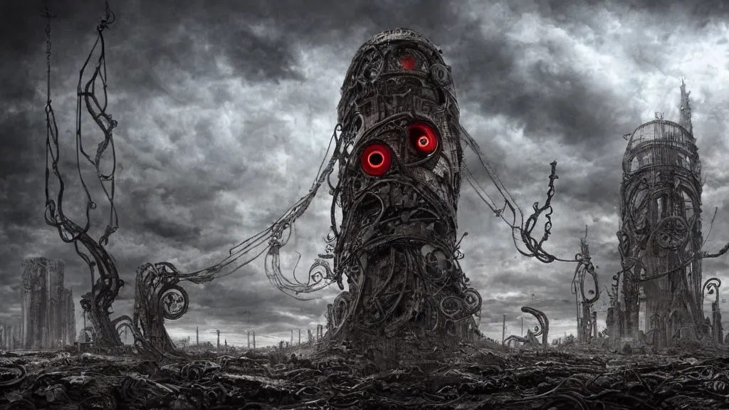 Image similar to A tower with an Eyeball at the top, BioMechanical like Giger, with tentacles coming out, looking over a stormy post-apocalyptic wasteland, dystopian art, wide lens