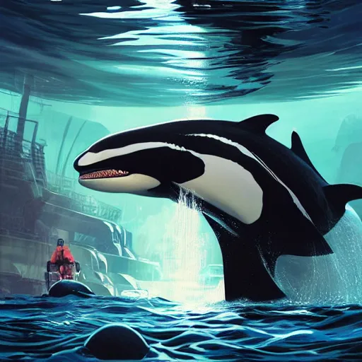 Image similar to an angry orca in water, apex predator. intricate, epic lighting, cinematic composition, hyper realistic, 8 k resolution, unreal engine 5, by artgerm, tooth wu, dan mumford, beeple, wlop, rossdraws, james jean, marc simonetti, artstation