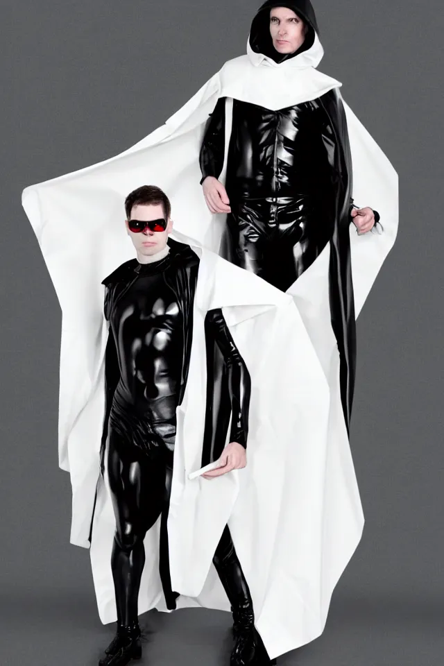 Image similar to a pale white man in a black latex acronym cape, in the style of mike dringenberg and ashley wood