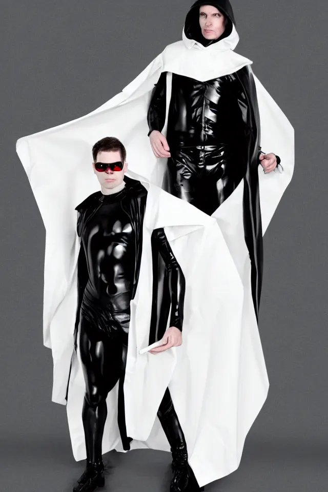 Prompt: a pale white man in a black latex acronym cape, in the style of mike dringenberg and ashley wood