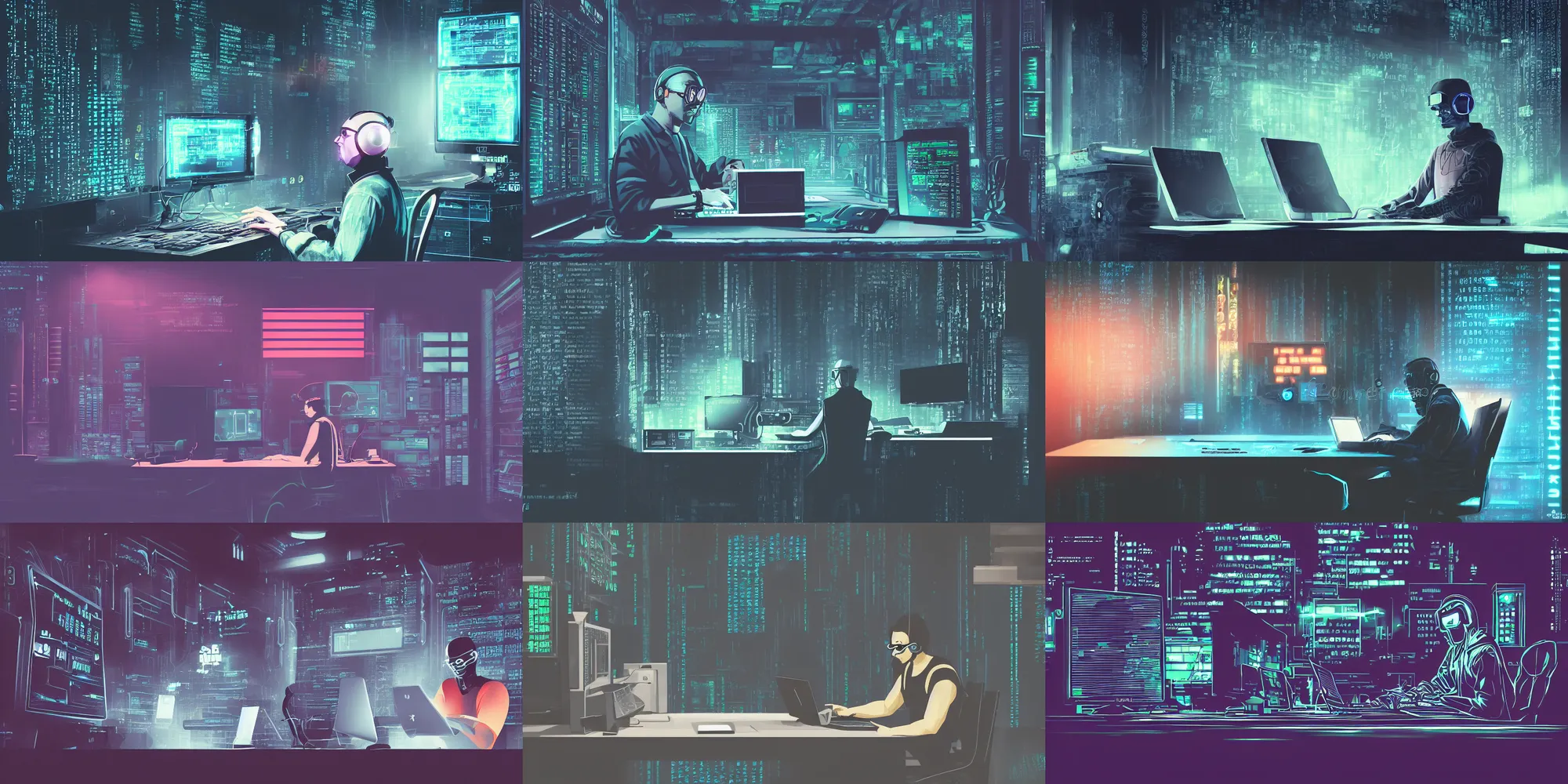 Prompt: illustration of a cyberpunk man coding and hacking on a computer, futuristic computer, dark atmosphere, cyberpunk basement, big data-center, RGB, Fadeev, Anton, Afshar, Petros