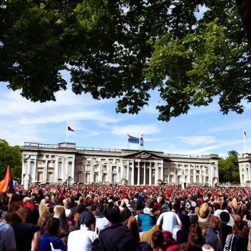 Prompt: a picture of buckingham palace very very very accurate with a gigantic crowd of protestors on the street, the sky is blue and everyone is holding russian flags or posters with prince andrew's face wide shot hyperrealistic photography 7 0 mm