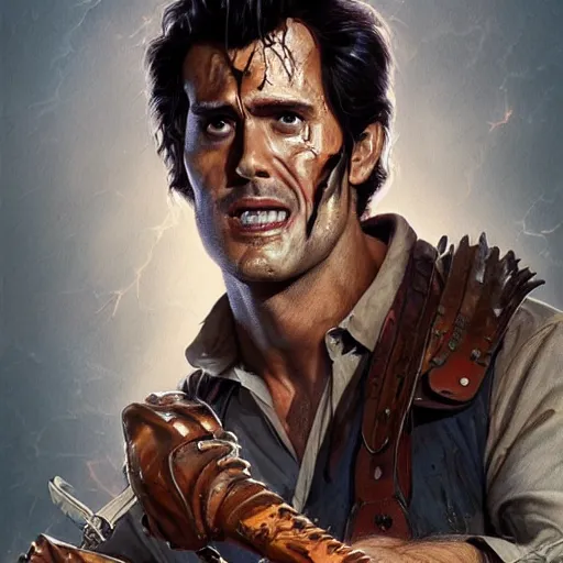 Image similar to portrait of the man from Evil Dead movie Ash Williams, \'Groovy\' fantasy, intricate, elegant, highly detailed, digital painting, artstation, concept art, smooth, sharp focus, illustration, art by artgerm and greg rutkowski and alphonse mucha