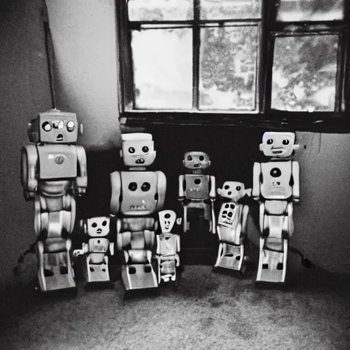 Prompt: the most creepy family photo of robots, 35mm lens, post apocalyptic, a dumping ground