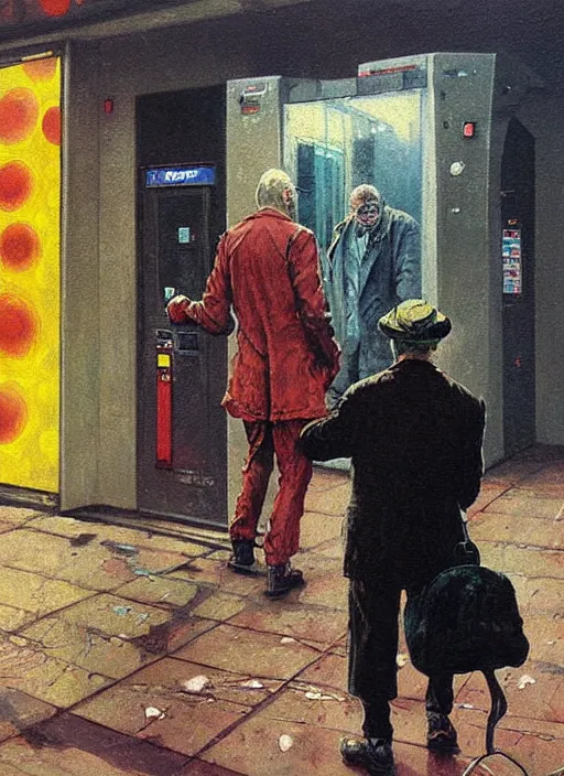 Prompt: a dariusz zawadzki painting of a creature covered in tripophobic holes walking towards a man at a gas station, full view, concept art, extremely high details, francis bacon, norman rockwell, hyper realistic high quality scene of the end of the world by francis bacon and edward hopper, horror art, scene from godfather