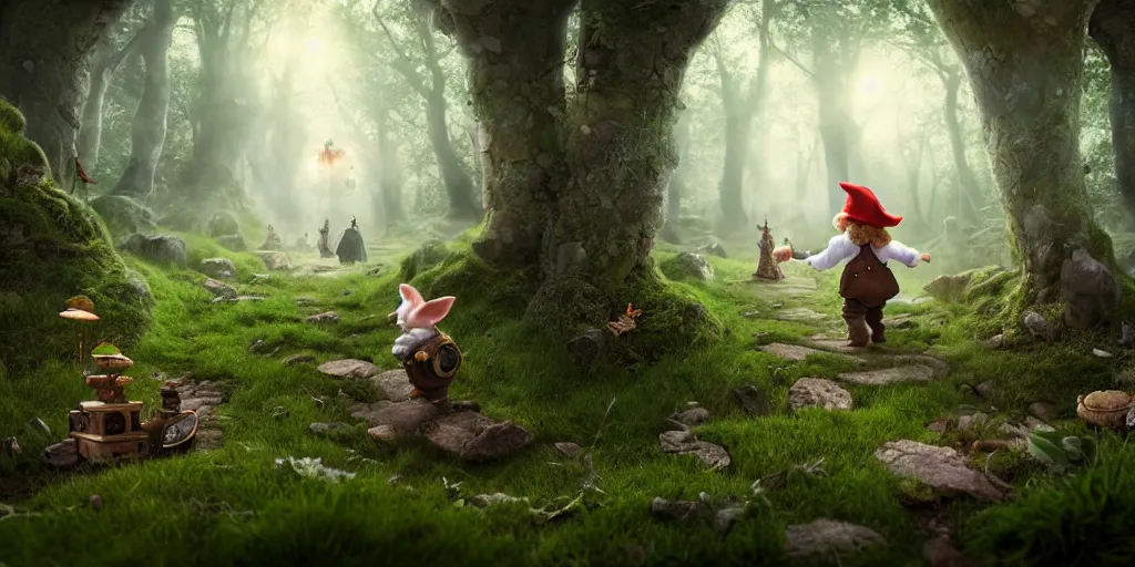 Image similar to bilbo baggins running into the white rabbit in a clearing in the middle of an enchanted forest, steampunk illustration, photorealistic color drawing, toadstools and fairies, gnomes and giants in the distance, 8 k resolution, octane render, dramatic lighting, cinematic angle,