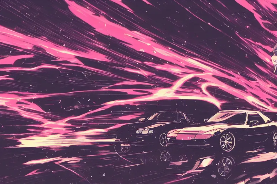 Image similar to aesthetic illustration of ryosuke takahashi with black hair, standing by his glossy mazda rx 7 on an empty highway at sunrise, cinematic lighting, initial d anime 1 0 8 0 p, detailed anime face, high detail, 9 0 s anime aesthetic, volumetric lights, rule of thirds, unreal engine 5 render, pinterest wallpaper, trending on artstation