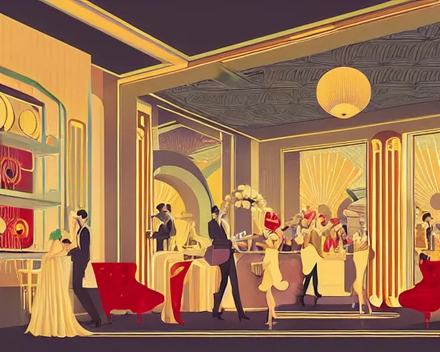 Prompt: art deco style, champagne commercial, artstation, illustration, bright, cheerful, detailed and intricate environment