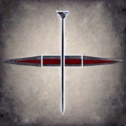 Image similar to an evil sword, on a plain fabric background. diagonal composition, symmetrical ( concept art by enki bilal, museum picture, 4 k, backlit )