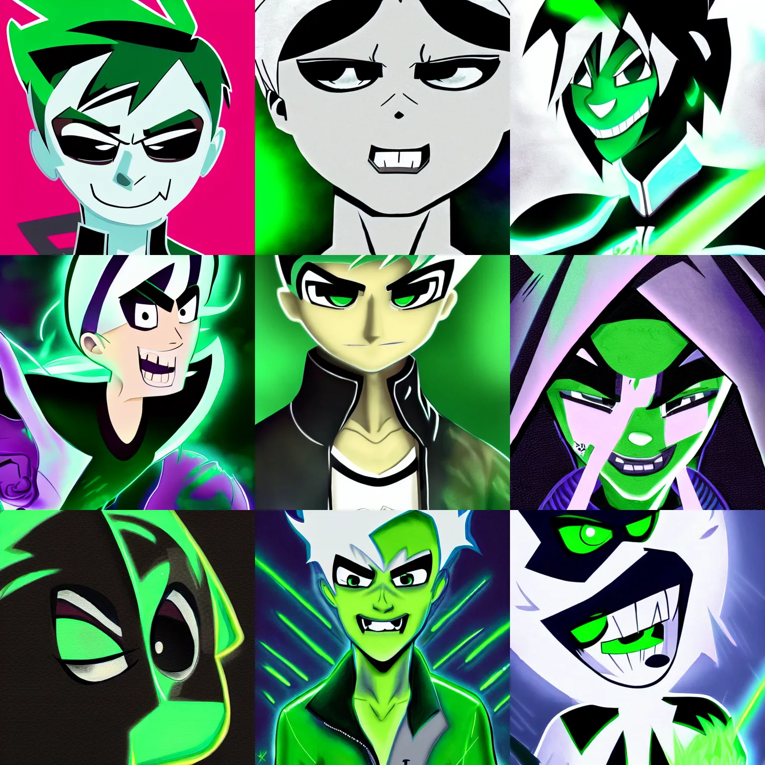 Prompt: danny phantom detailed closeup high quality illustration cartoon with sharp teeth glowing green eyes, sharp cinematic 8k award winning intricate detailed illustration, cute detailed digital art, trending on tumblr pixiv