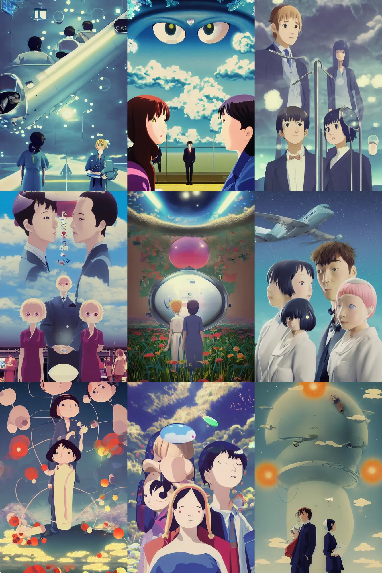 Prompt: time at a airport baggage claim solving dynamic mysteries, Klaus Movie Twins poster, artwork by Chiho Aoshima, a Rendering illustration of a cinematic beautiful closeup moment of three friends standing facing toward their love, science fiction, high technology, full of details, full view, Matte painting, trending on artstation, Mamoru hosoda