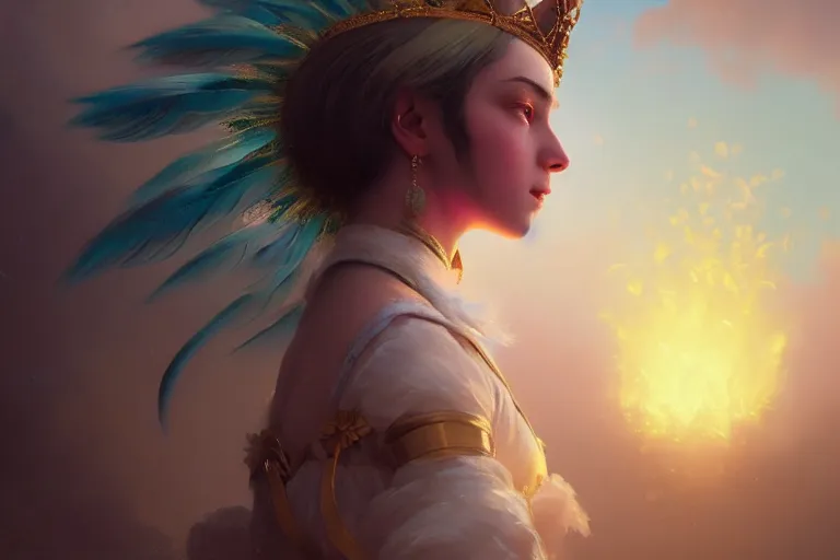 Prompt: Portrait of magical girl, wearing crown of bright feathers, painting by Ivan Aivazovsky and Greg Rutkowski, artstation, fantasy, intricate, beautiful, cinematic, octane render, arnold render, 8k, hyper realism, detailed, sharp focus, 4k uhd, masterpiece, award winning