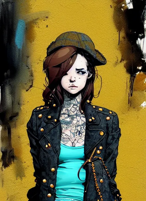 Prompt: highly detailed portrait of a moody sewerpunk young adult lady with a harris tweed holdy by greg tocchini, by krenz cushart, by brian lee o'malley, by kaethe butcher, gradient yellow, black, brown and cyan color scheme, grunge aesthetic!!! ( ( graffiti tag city background ) )