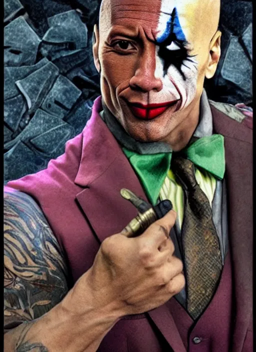 Image similar to dwayne rock johnson as joker, movie shot, crazy make up clown, impressive, trippy, by katsuya terada, hd, artstation