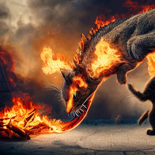 Image similar to highly detailed 4 k realistic photo of a cat battling a fire breathing dragon